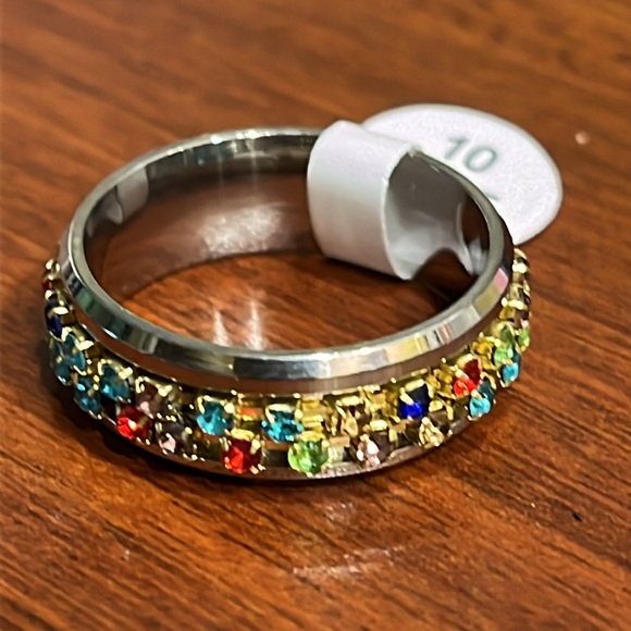 NWT multi-colored faux gemstones SILVER tone spinner ring, Men/Women size 10 - Picture 5 of 8